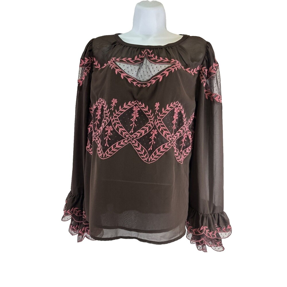 Anthropologie Long Sleeve Applique Blouse Brown Pink Embroidered Ruffle Chiffon - Picture 1 of 12